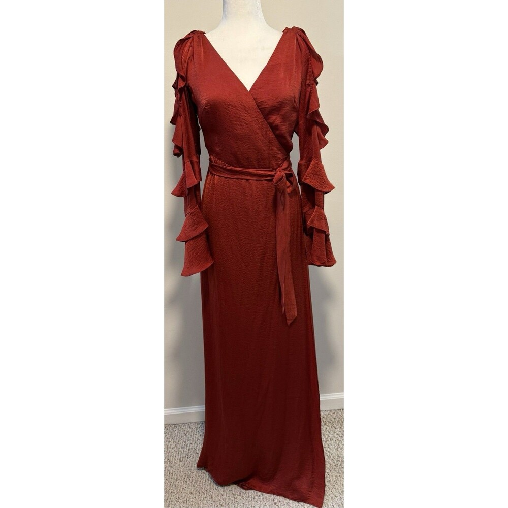 Lulus Rust Wrap Cold Shoulder Ruffle Tiered Sleeve Maxi Dress - Size M